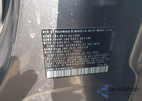 2021 Volkswagen Tiguan 2.0T S from USA, damaged, VIN 3VV0B7AX3MM038342